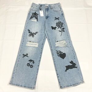 NWT Forever 21 Womens Actual 30x31.5 Super Distressed Mid Rise Baggy Jeans Wide